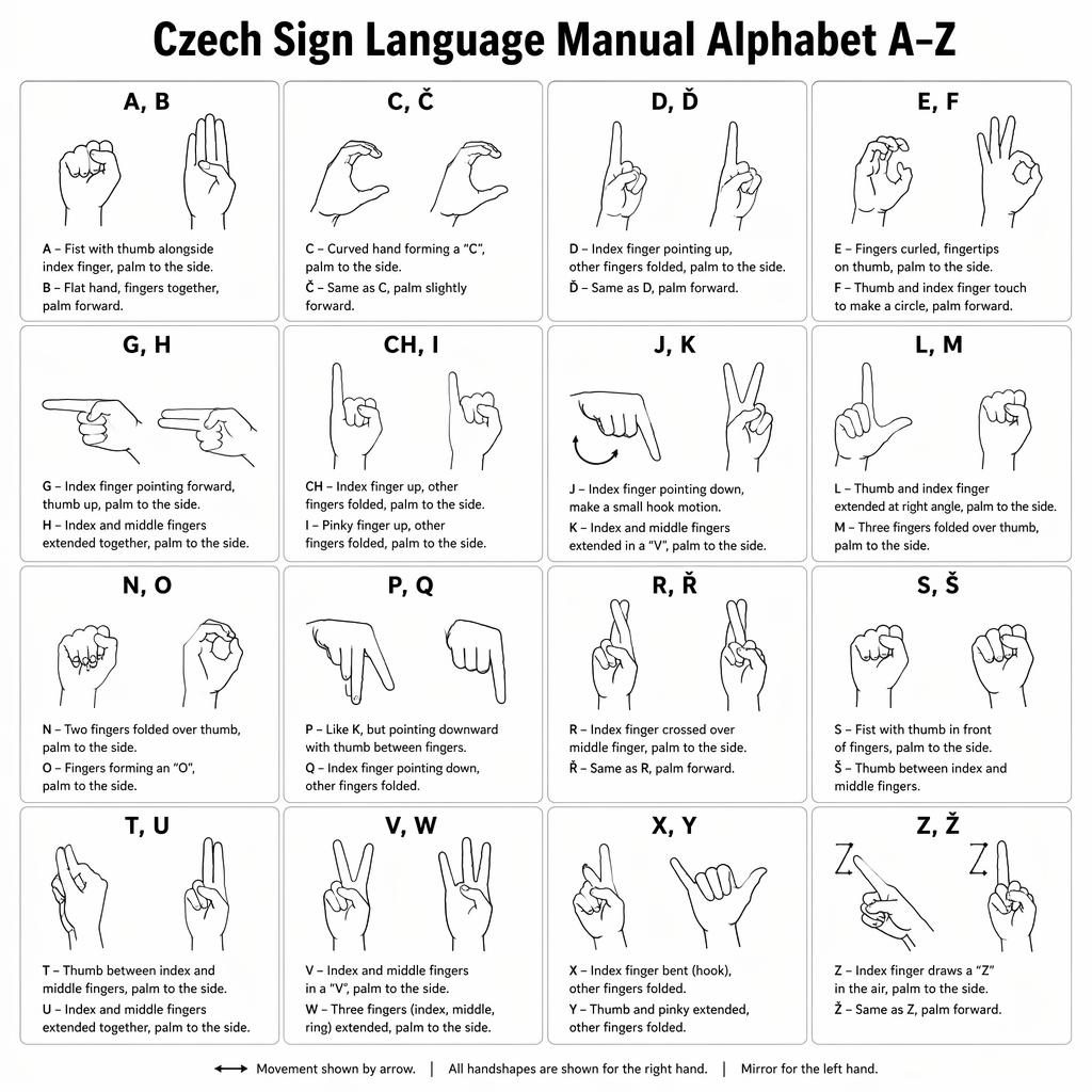 Infografía en cuadrícula 4x3 con 12 tarjetas del alfabeto manual checo A–Z y diagramas de manos en estilo minimalista