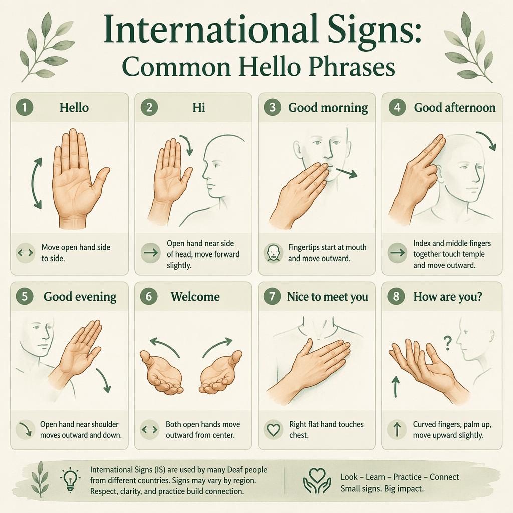 Grid infographic with 8 sage and cream cards showing International Signs hello phrases with hand diagrams and labels.