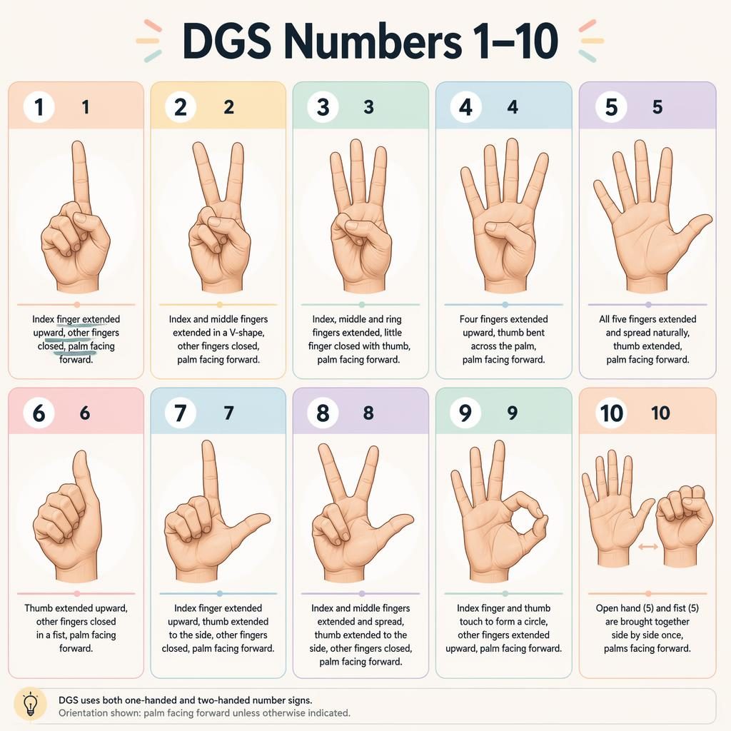 Infografik mit 10 Karten im Raster, jede zeigt eine DGS-Handform für die Zahlen 1 bis 10 mit englischen Labels.