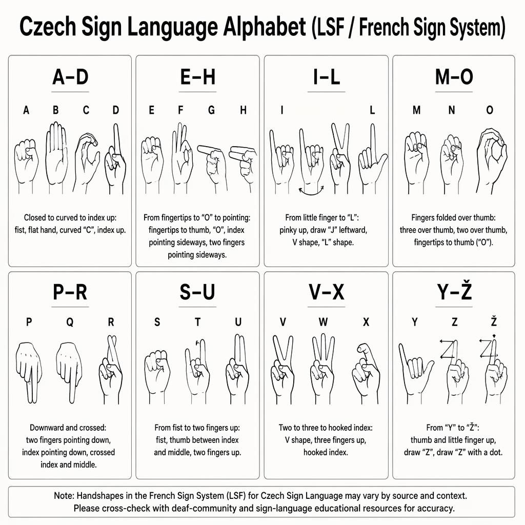 Monochrome infographic with 8 cards in a 4x2 grid showing Czech sign language alphabet handshape groups in order.