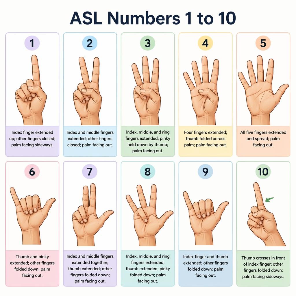 Editorial-style card grid infographic showing 10 ASL hand signs for numbers 1 to 10 with English labels and brief notes.