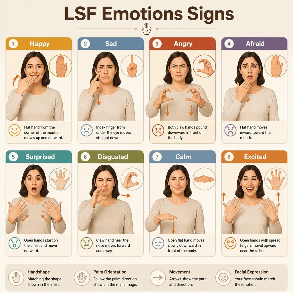 Infografik mit 8 Karten im Raster zu LSF-Emotionszeichen, mit Handhaltungen, Bewegungs­pfeilen und englischen Labels.