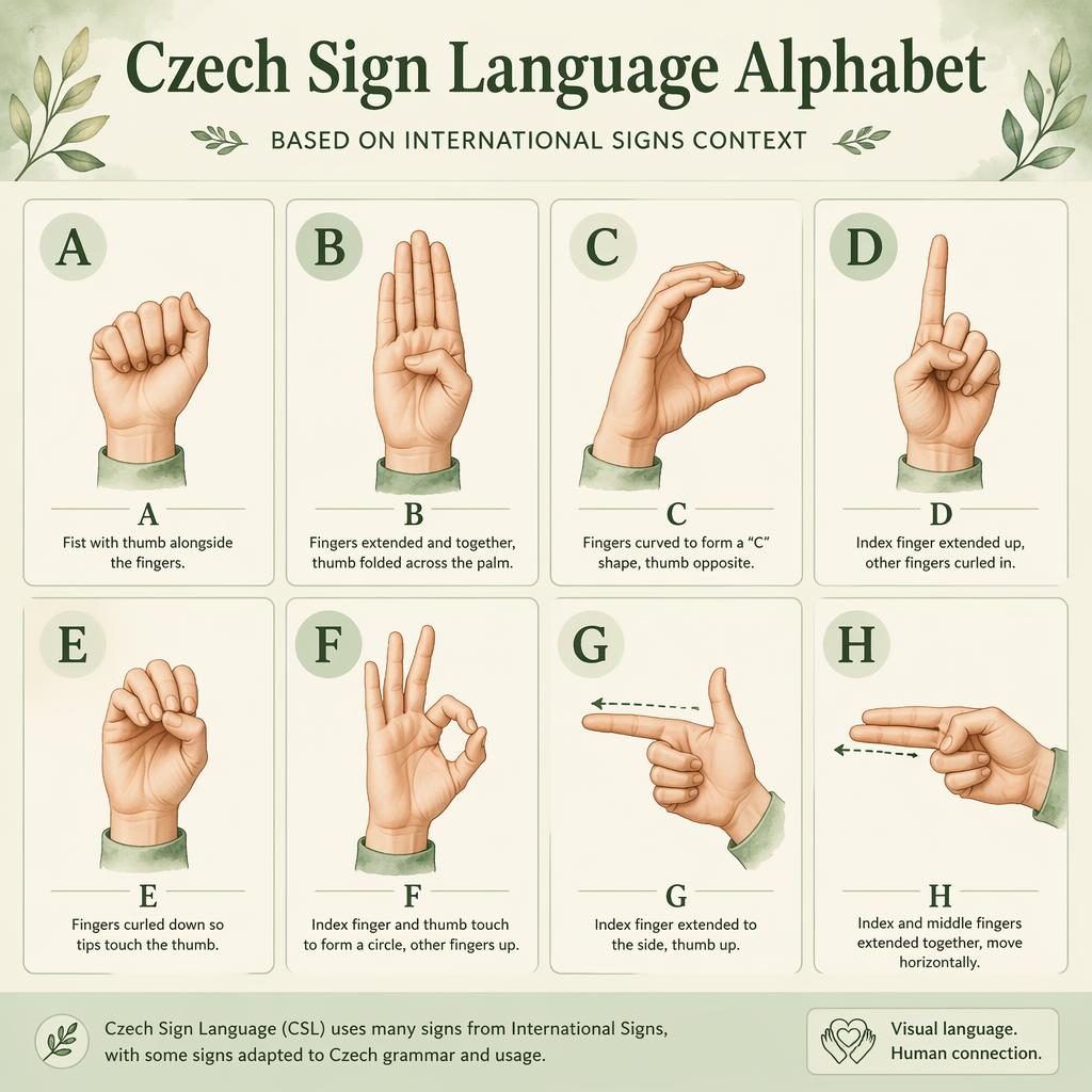 Grille de 8 cartes en sauge et crème montrant les signes A à H avec mains anatomiques, titres et descriptions en anglais.