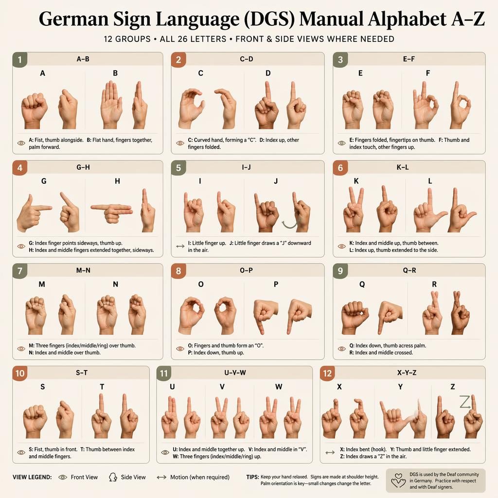 Educational card-grid infographic showing 12 panels of anatomically accurate DGS hand signs covering the sign language alphabet A–Z.