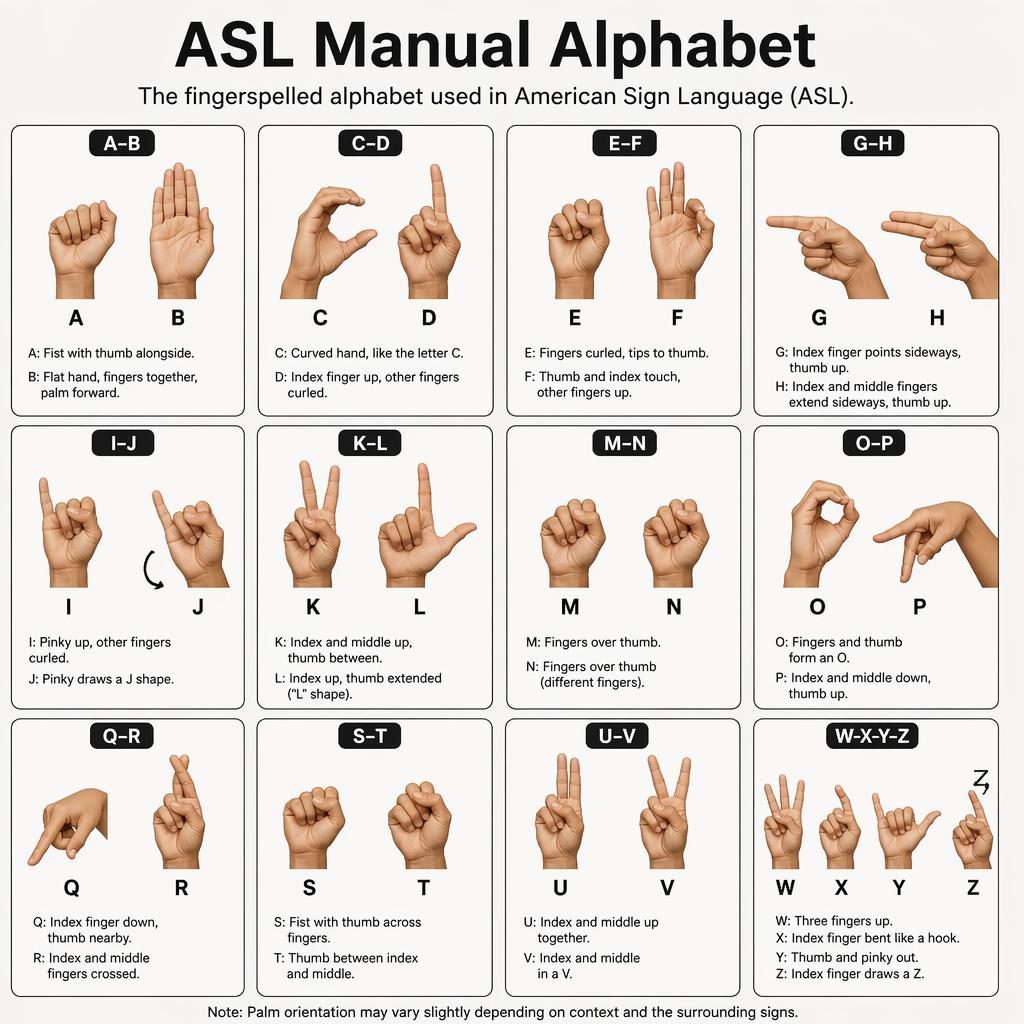 Infografika alfabet migowy ASL: 12 kart w siatce z realistycznymi dłońmi pokazującymi litery A–Z na neutralnym tle.