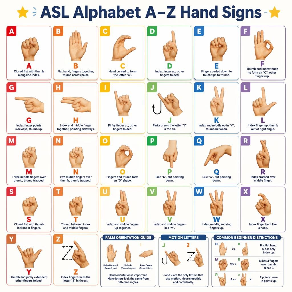 Editorial-style ASL alphabet poster with 12 grid cards showing A–Z hand signs, labels, hand diagrams, and J/Z motion arrows.