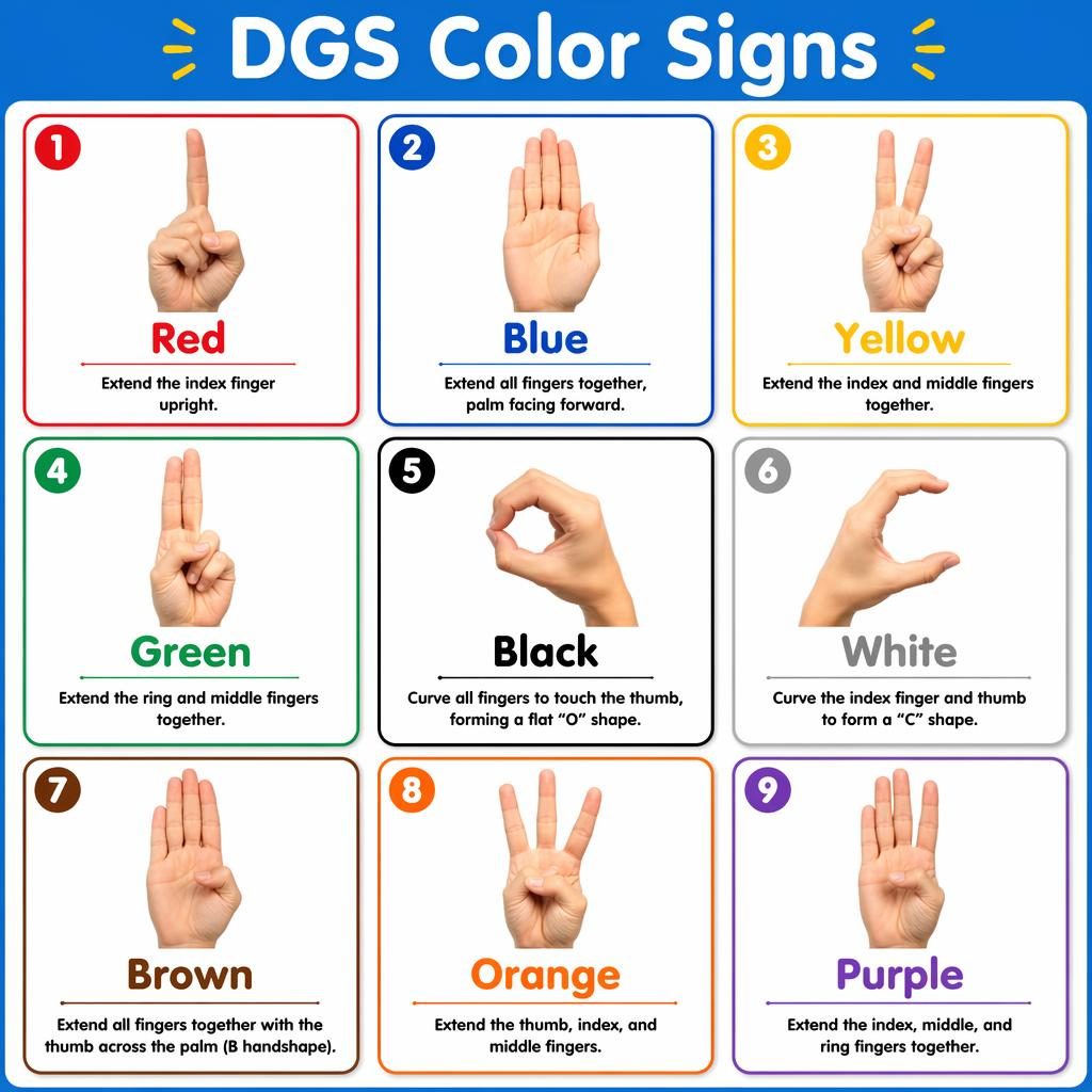 3x3-Kartenraster mit DGS-Farbzeichen, Handdiagrammen für Red, Blue, Yellow, Green, Black, White, Brown, Orange, Purple.