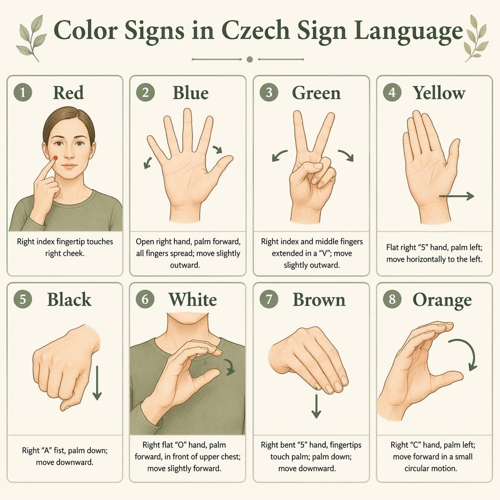 Editorial card grid infographic of 8 Czech Sign Language color signs with hand-pose diagrams in sage and cream.