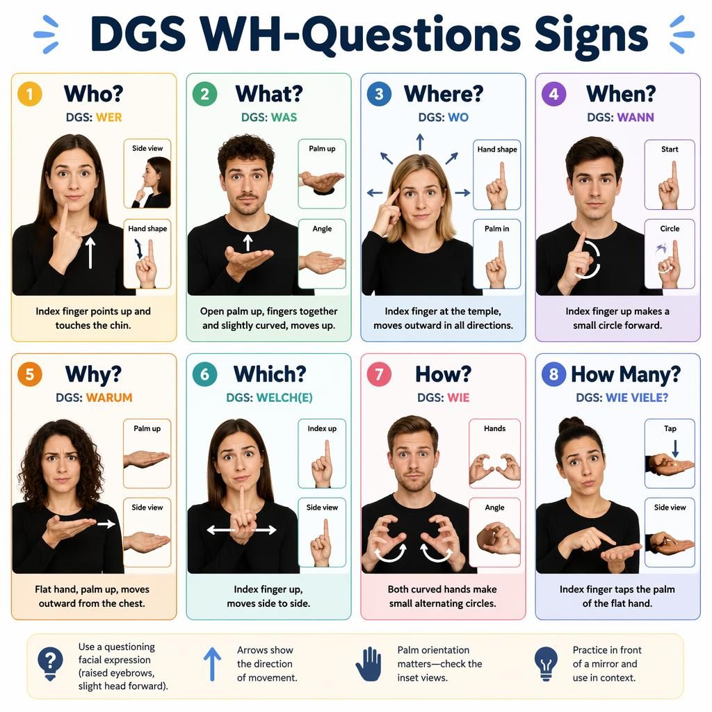 Raster-Infografik mit 8 DGS-Karten zu WH-Fragen, mit Handzeichen-Diagrammen, Pfeilen und englischen Labels.