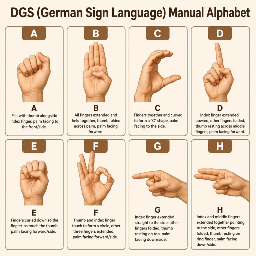 Infografik mit 8 Karten zum DGS-Manualalphabet A bis H, mit anatomisch korrekten Handformen im warmen Lehrposter-Stil.