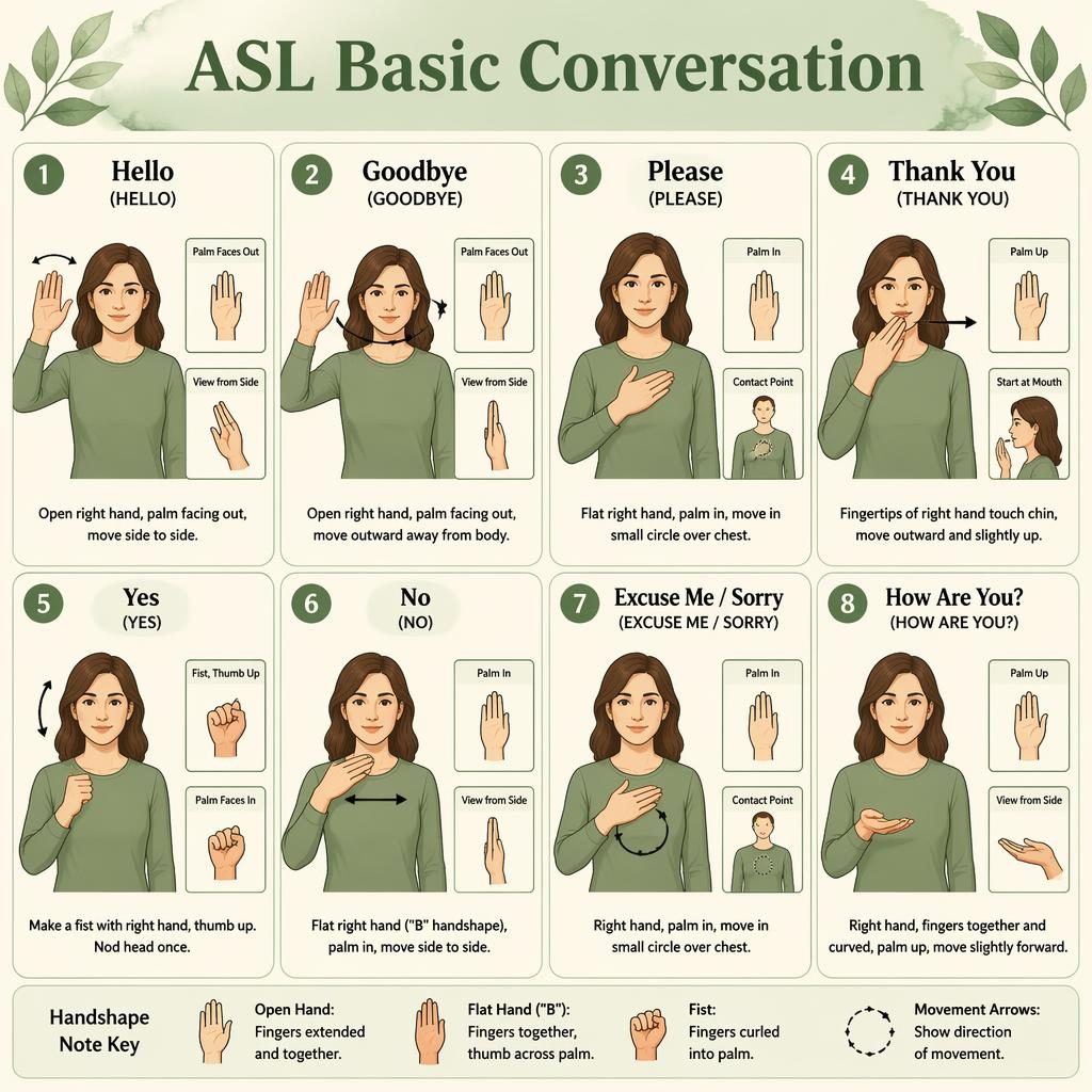 Editorial infographic grid with 8 ASL cards for basic sign language phrases in sage and cream with accurate hand diagrams.