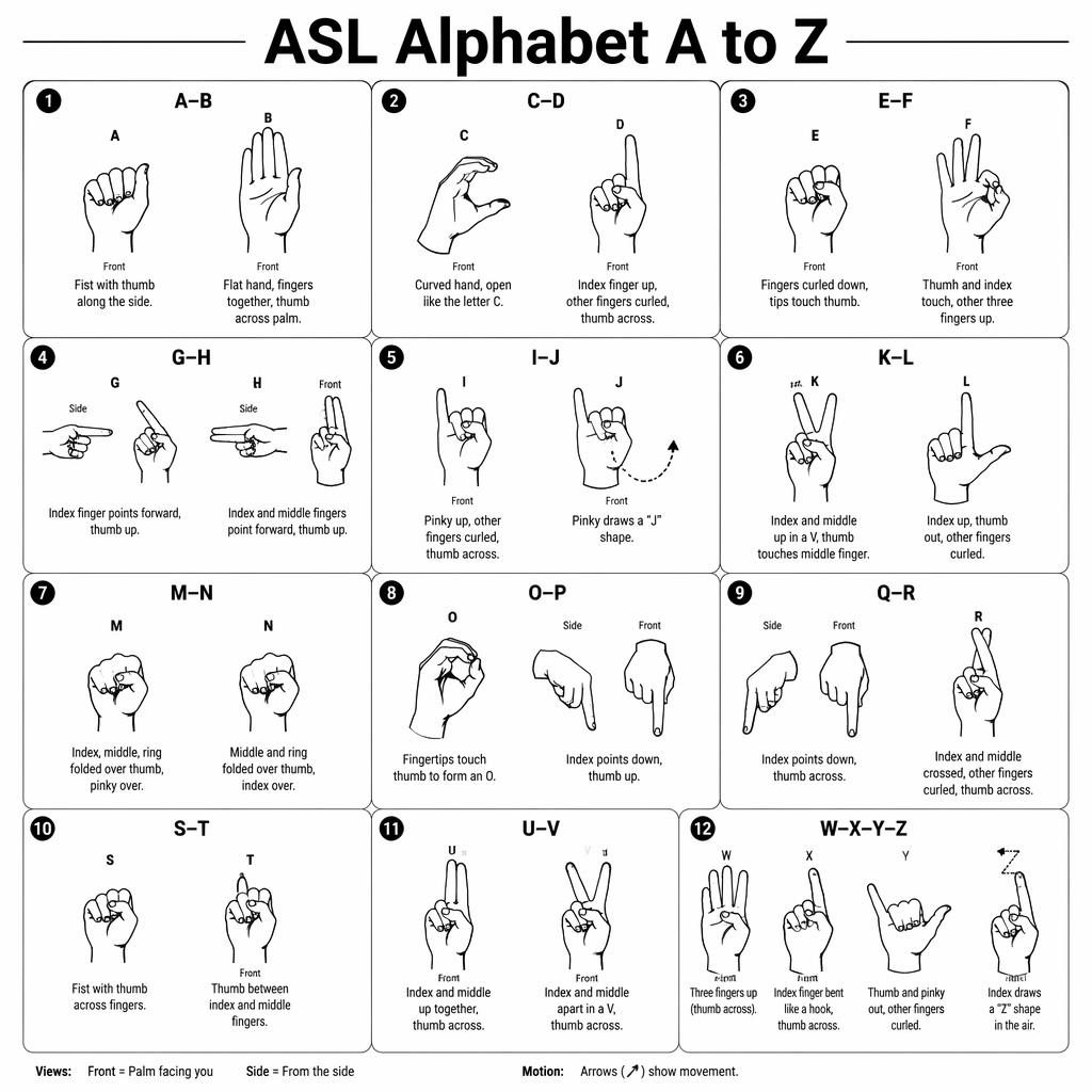 Monochrome ASL alphabet infographic with 12 cards showing anatomically accurate hand signs, labels, and motion cues.