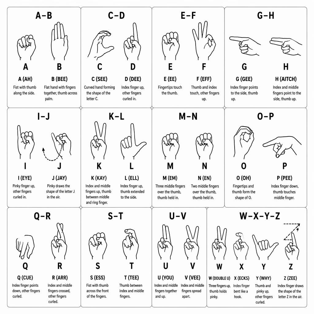 Minimal monochrome infographic with 12 cards showing ASL alphabet A–Z hand signs, English labels, and brief descriptions.