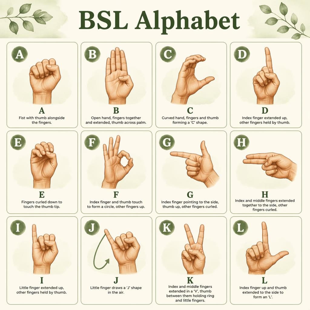 12-card BSL alphabet infographic grid with watercolor hand diagrams, English labels and short descriptions in sage and cream.