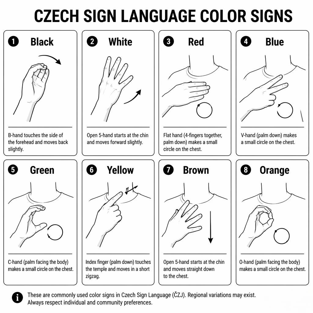 Grille de 8 cartes montrant les signes des couleurs en langue des signes tchèque, avec mains, flèches et légendes anglaises.