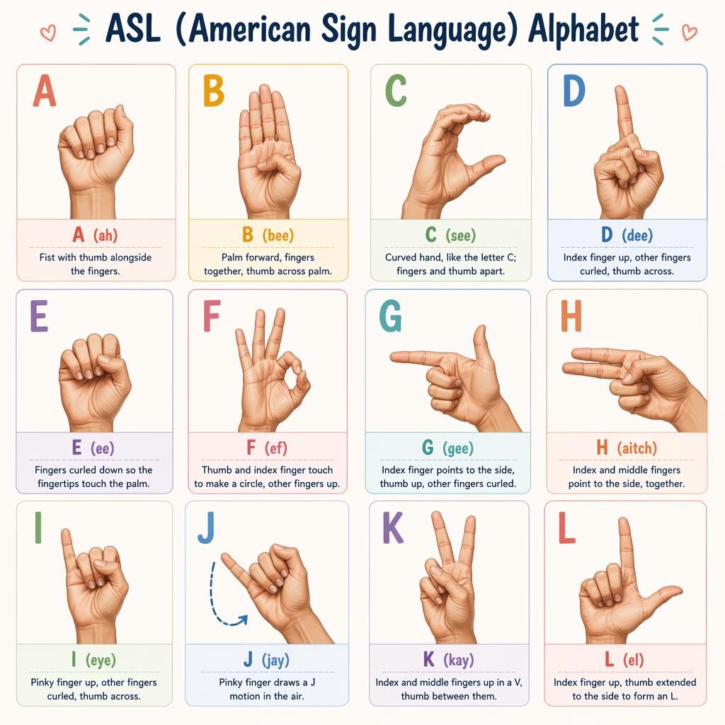 Infografik mit 12 Karten im Raster zum ASL-Alphabet, mit anatomisch genauen Handformen, Pastellfarben und englischen Labels.