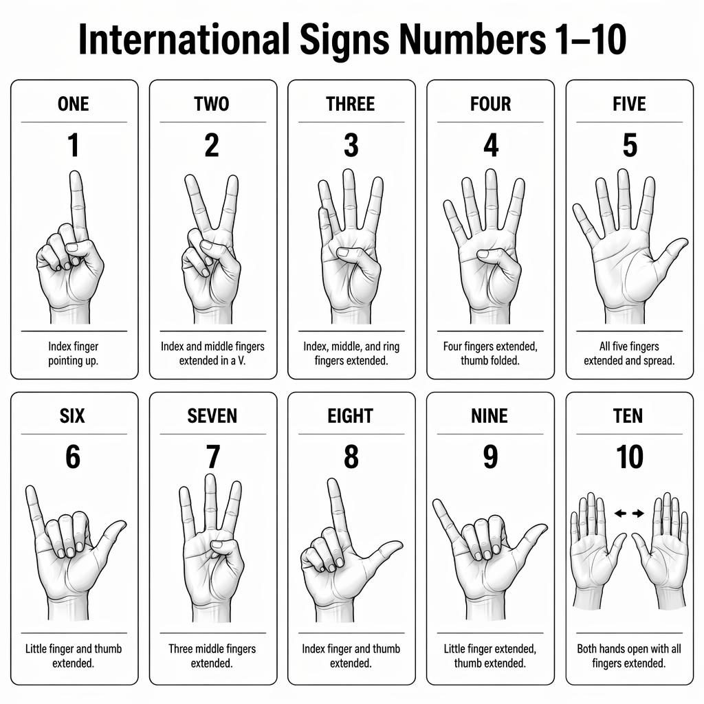 Monochrome infographic grid of 10 cards showing hand signs for numbers 1–10 with English labels, digits, and brief cues.