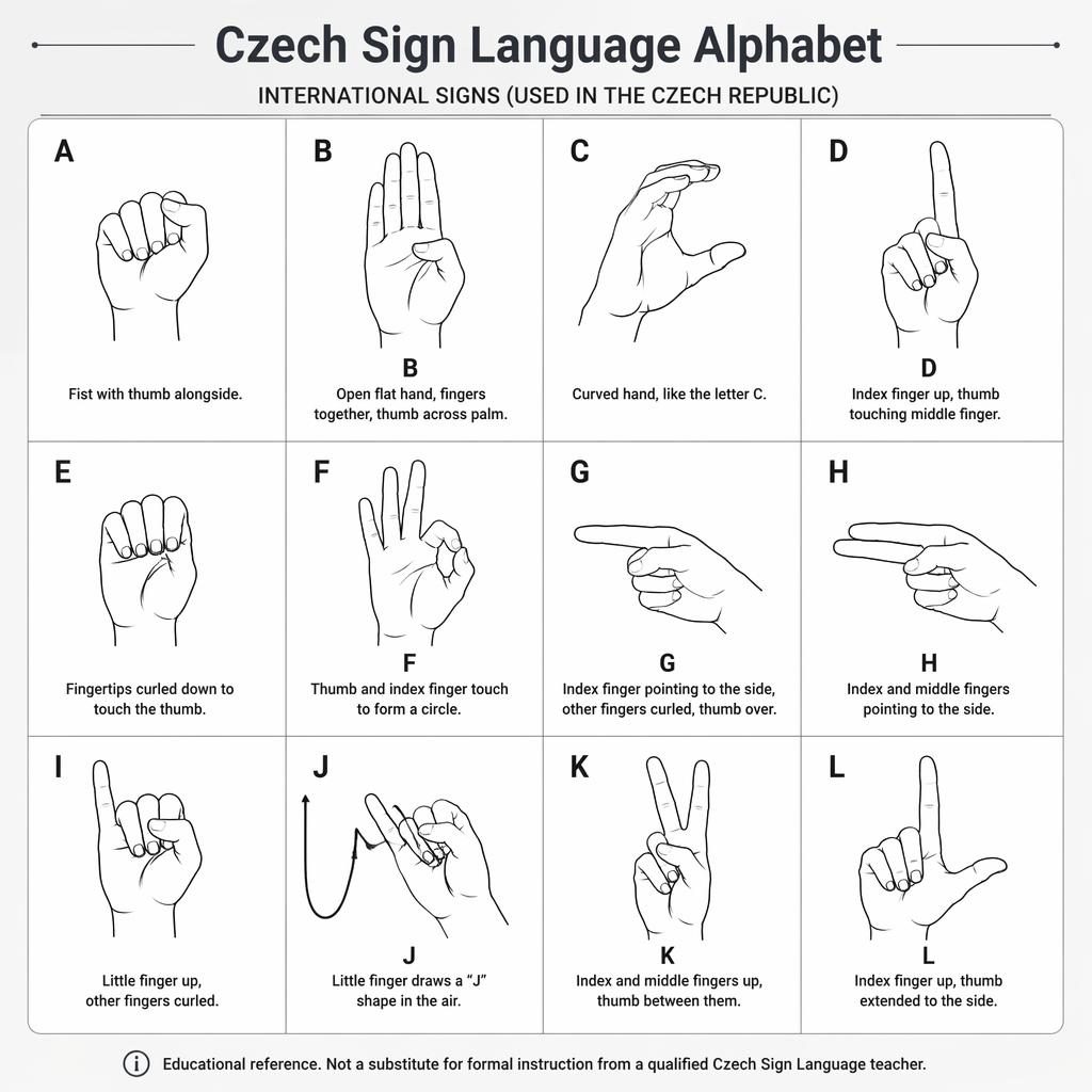 Monochrome infographic card grid showing 12 hand sign diagrams for A to L with English labels and a header note.