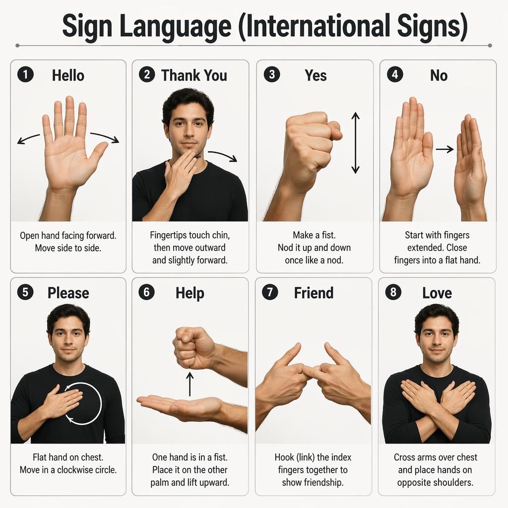 Poster educativo a griglia con 8 carte sul linguaggio dei segni, mani realistiche e testo inglese su sfondo neutro.