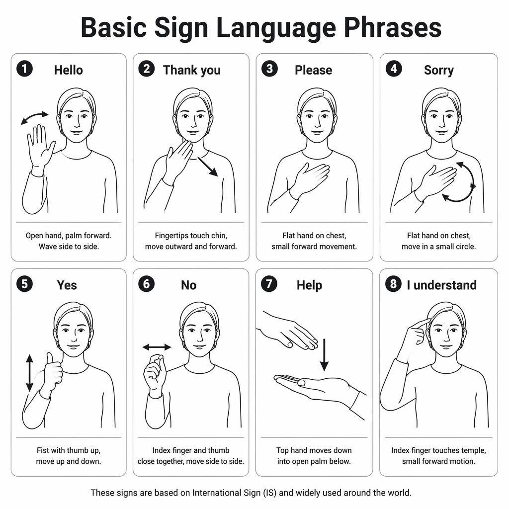 Monochrome infographic grid with 8 cards showing basic sign language phrases with hand diagrams, arrows, and English labels.