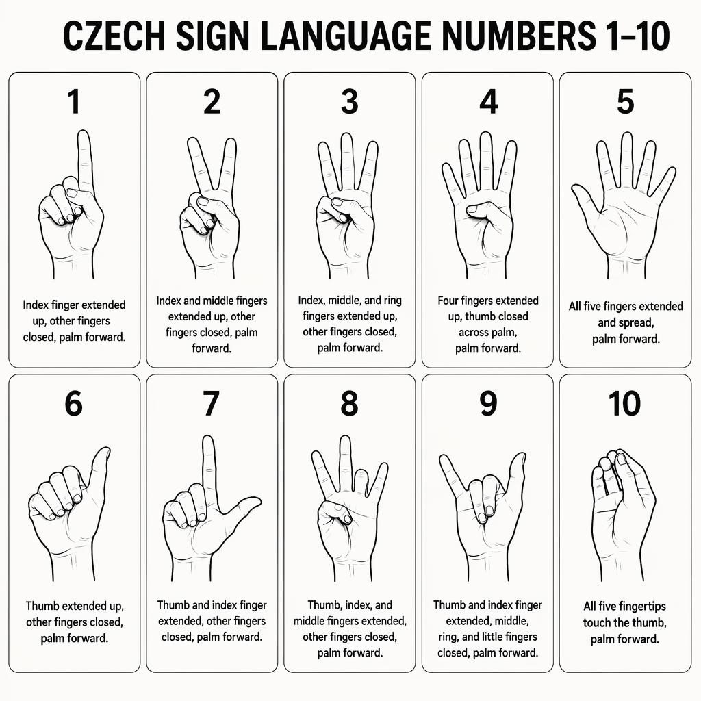 Minimale Raster-Infografik mit 10 Karten und isolierten Handposen für die Zahlen 1 bis 10, klar beschriftet auf Englisch.