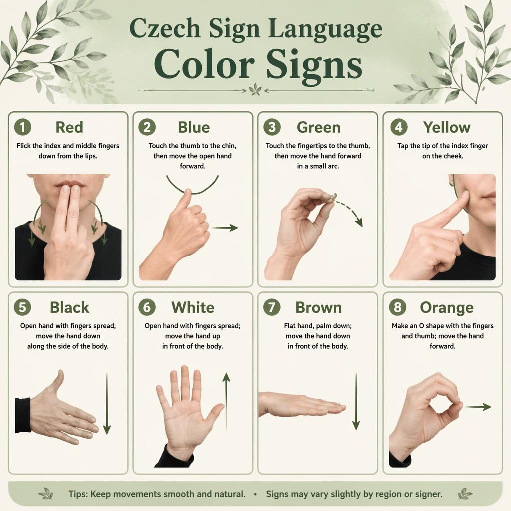 Infographie en grille de 8 cartes sur les signes des couleurs en LSC, mains anatomiques, palette sauge et crème.