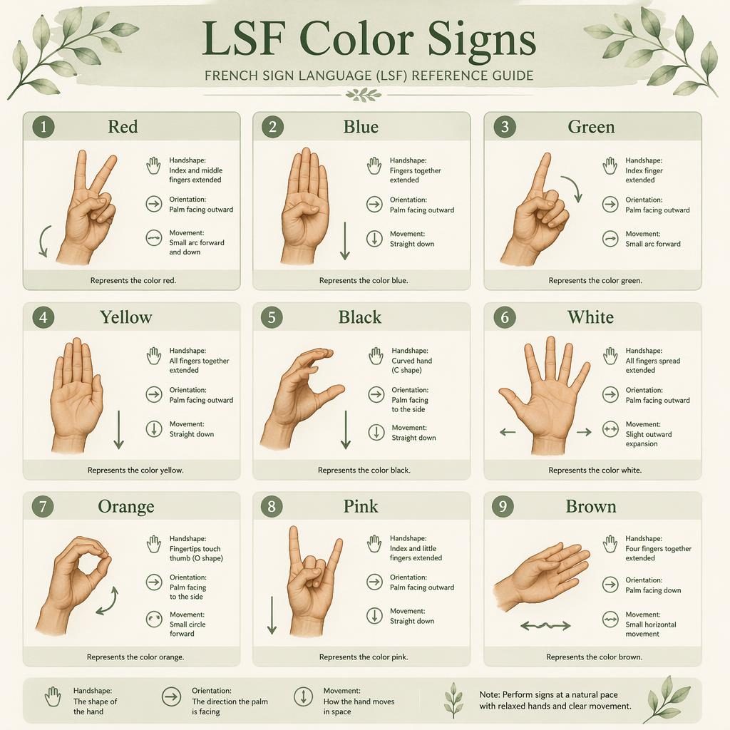 Raster-Infografik mit 9 Karten zu LSF-Farbenzeichen, mit anatomisch korrekten Handformen, Pfeilen und englischen Labels.