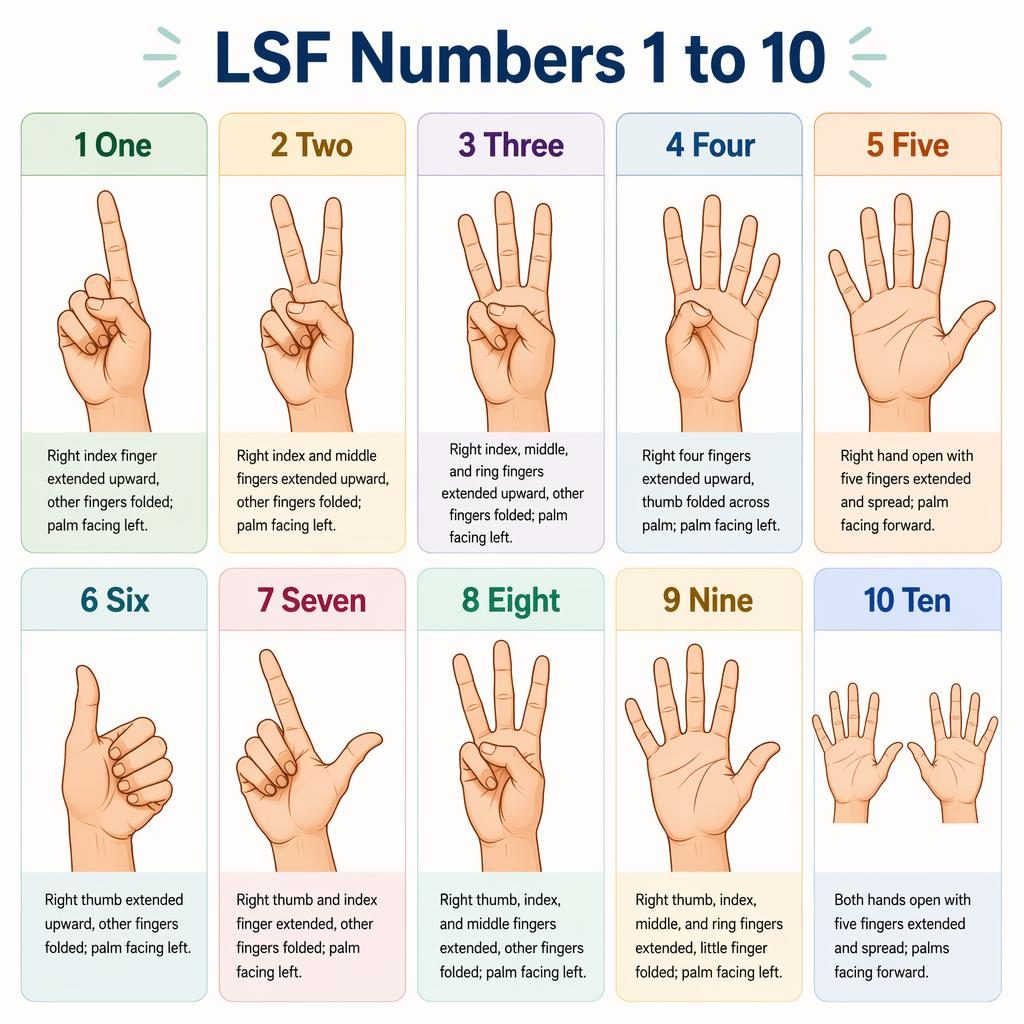 Grille de 10 cartes pastel montrant les positions des mains en LSF pour les nombres 1 à 10, style infographie éducative.