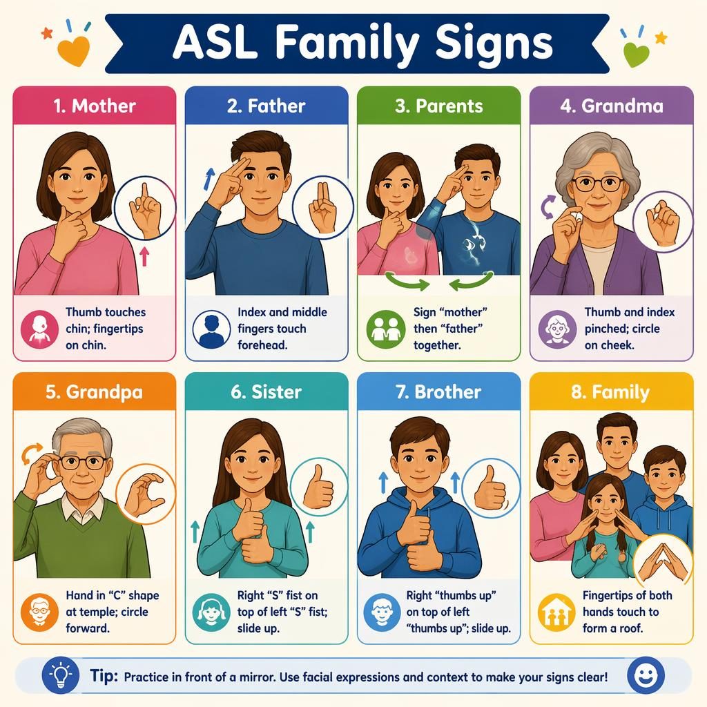 Infographie en grille de 8 cartes ASL sur la famille, avec schémas des mains, flèches de mouvement et légendes en anglais.