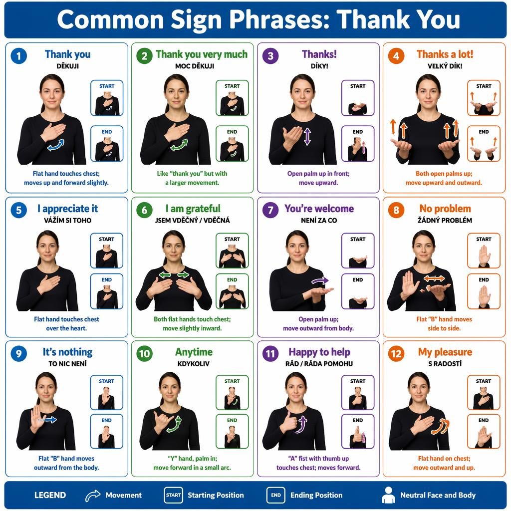 Infographie en grille de 6 à 12 cartes montrant des signes de remerciement, avec mains anatomiquement précises et flèches.