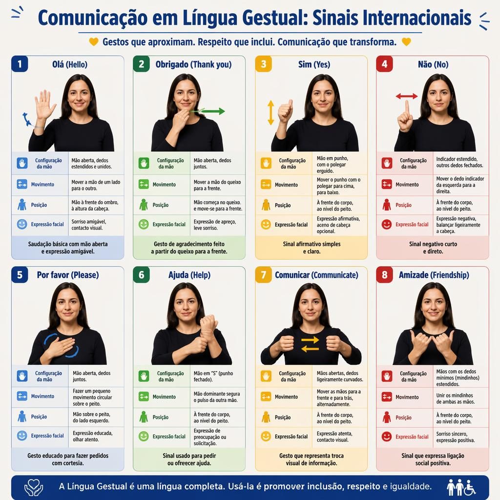 Infográfico em grelha com 8 cartões de linguagem gestual, modelos adultos e legendas em português sobre sinais básicos.