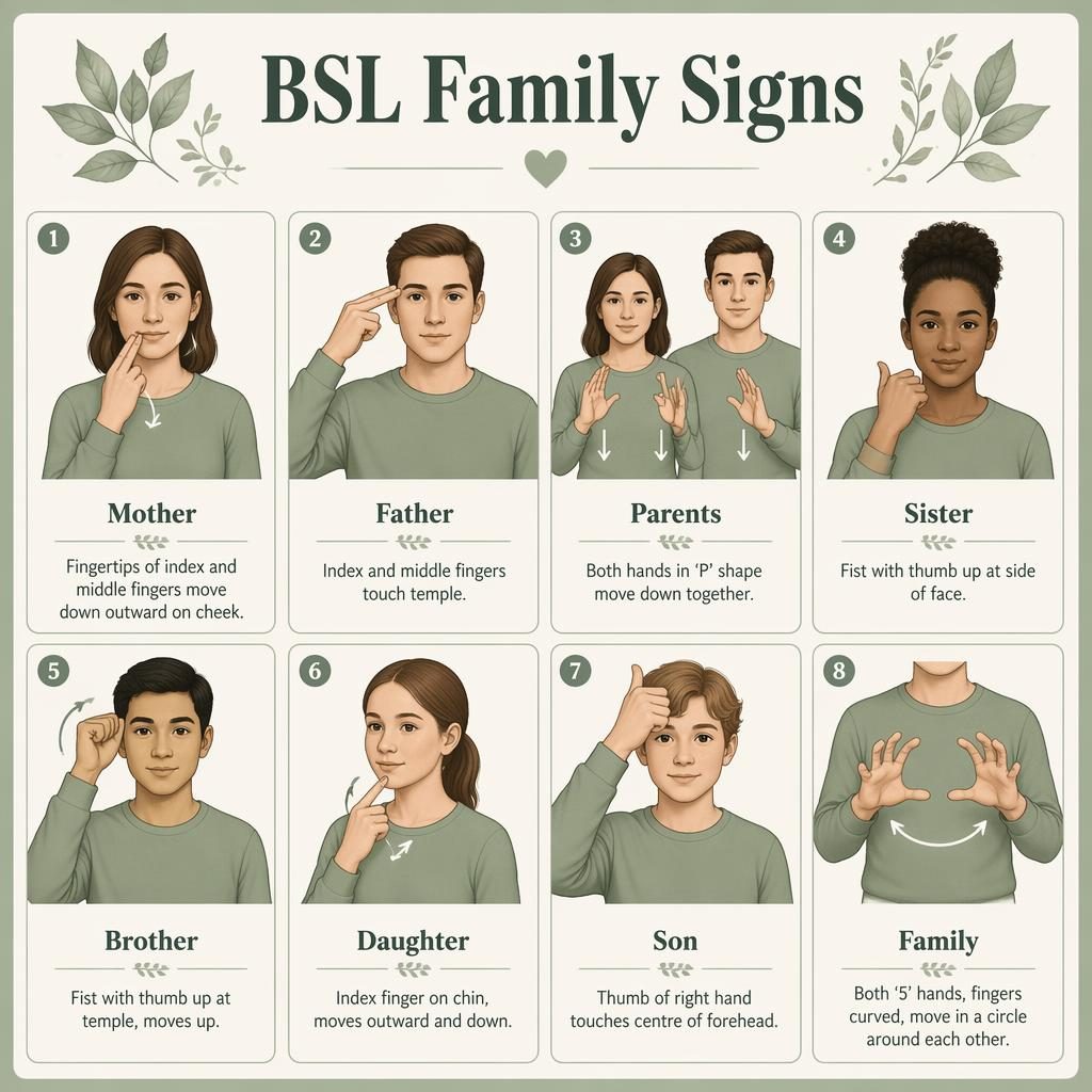 Eight-card BSL family signs grid in sage and cream with hand diagrams, labels, and movement arrows on a clean poster.
