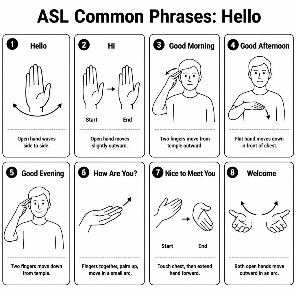 Infografía en cuadrícula con 8 tarjetas uniformes de frases comunes en ASL, manos anatómicas, flechas de movimiento y texto en inglés.
