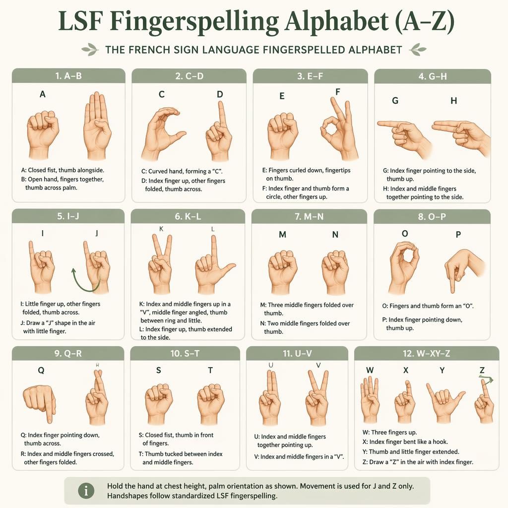 Editorial-style grid infographic of 12 LSF fingerspelling cards showing A–Z hand diagrams in sage and cream.