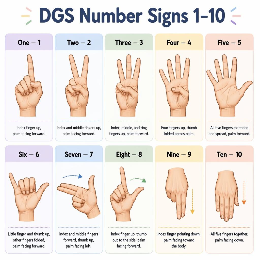 Infografik mit 10 Karten im Raster, jede zeigt ein DGS-Handzeichen für die Zahlen 1 bis 10 mit englischen Labels.