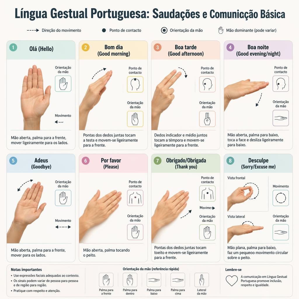 Infográfico em grelha com 8 cartões de linguagem gestual portuguesa, mãos fotorrealistas e legendas em português.