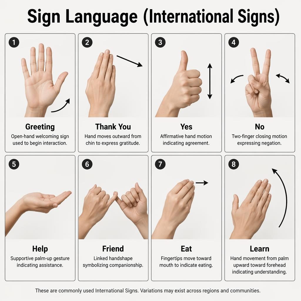 Poster infografico con griglia di 8 schede sulla lingua dei segni, mani adulte, frecce direzionali e testi in inglese.
