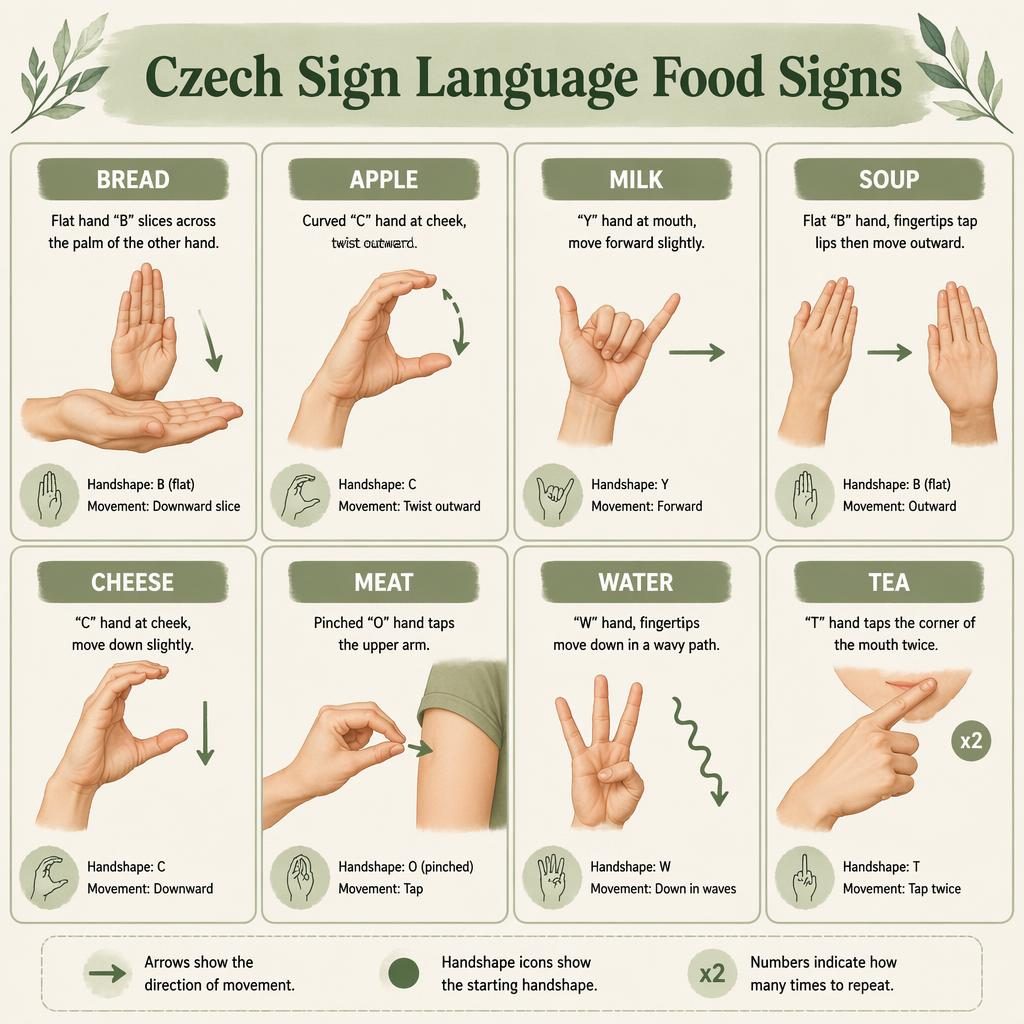 Eight-card food sign infographic with hand diagrams for bread, apple, milk, soup, cheese, meat, water, and tea.