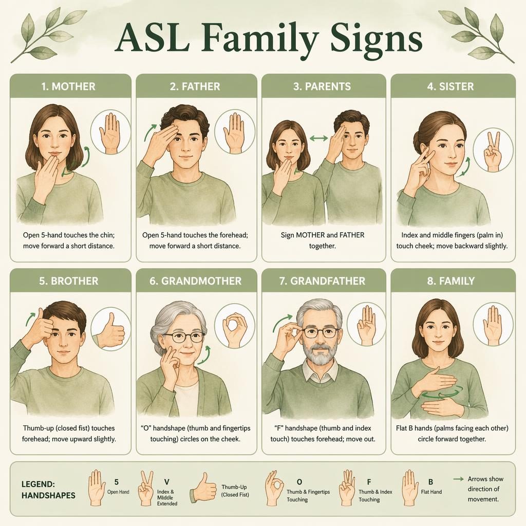 Editorial-style 8-card ASL family signs infographic with hand diagrams, arrows, sage and cream watercolor palette.