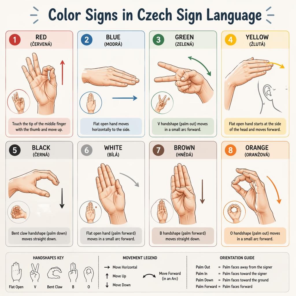 Infographic grid of 8 cards showing Czech Sign Language color signs with hand diagrams, arrows, English labels, and pastel style.