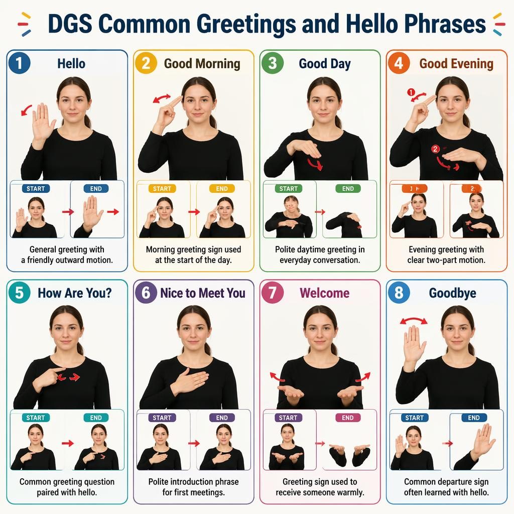 Infografía con 8 tarjetas en cuadrícula sobre saludos DGS, con manos anatómicas, flechas de movimiento y etiquetas en inglés.