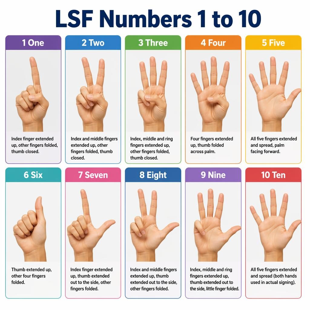 Infographic poster with 10 cards showing LSF number hand signs 1 to 10, English labels, and handshape notes.