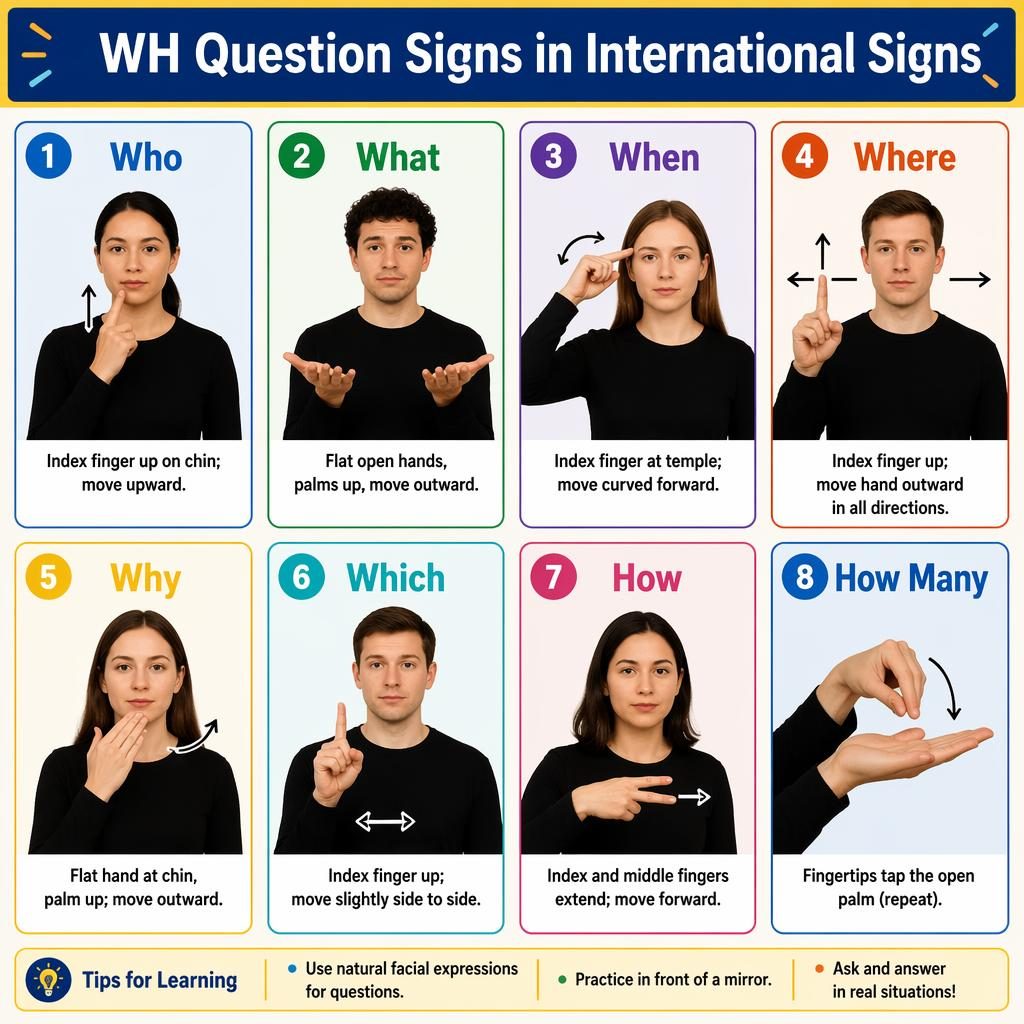 Grid infographic poster with 8 cards showing WH question hand signs, arrows, English labels, and simple classroom-style visuals.