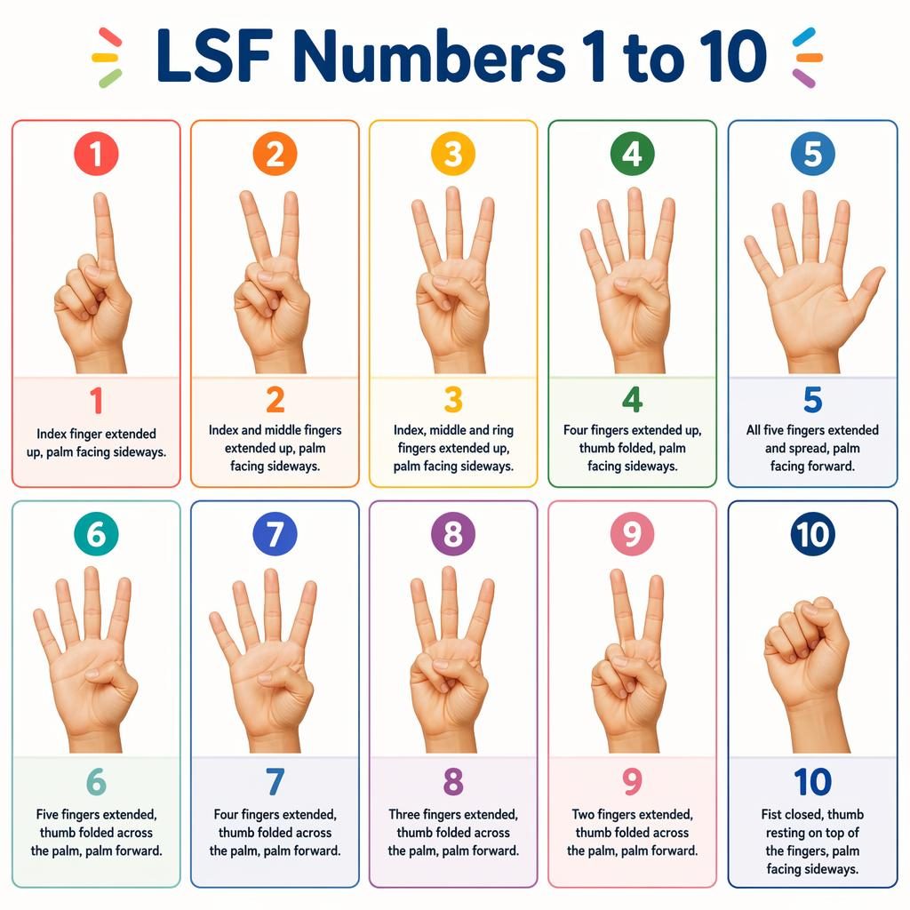 Infografía en cuadrícula con 10 tarjetas de LSF, cada una muestra una mano anatómicamente precisa para los números 1 al 10.