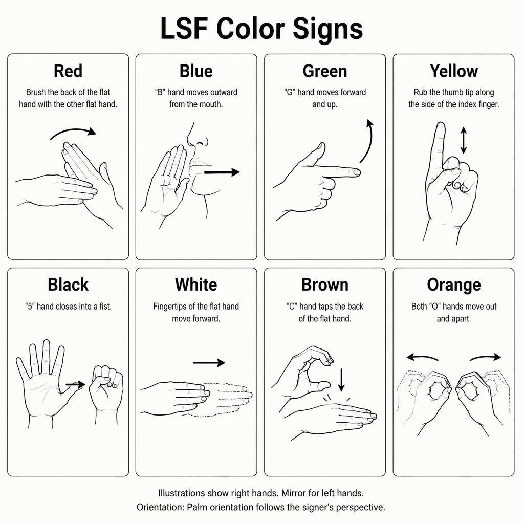 Infografía en cuadrícula con 8 tarjetas uniformes de signos LSF de colores, diagramas de manos, flechas y texto en inglés.