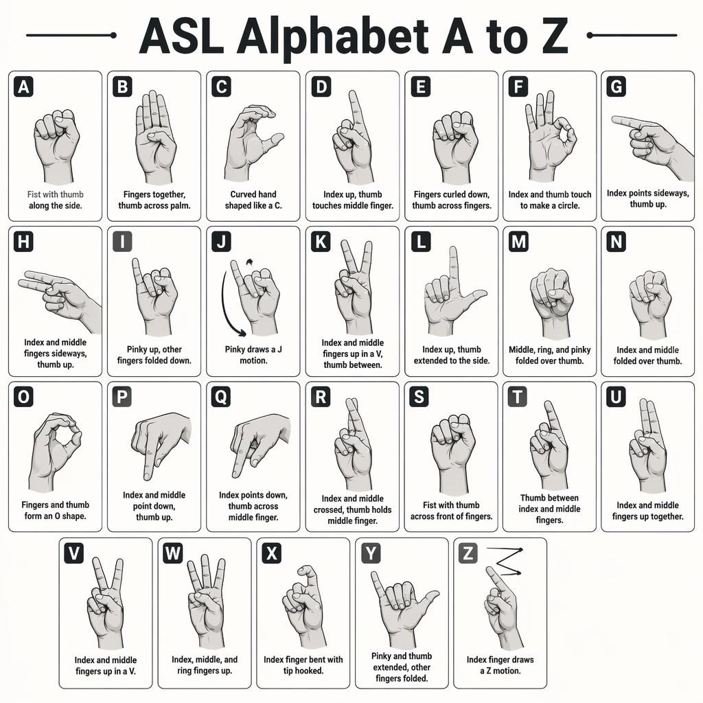 Infografik mit 26 Karten im Raster zum ASL-Alphabet A–Z, jede zeigt eine anatomisch korrekte Handform mit englischen Labels.