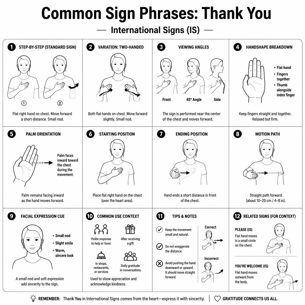 Monochrome Kartenraster-Infografik zur Thank-You-Gebärde mit Handdiagrammen, Pfeilen, Winkeln und englischen Labels.