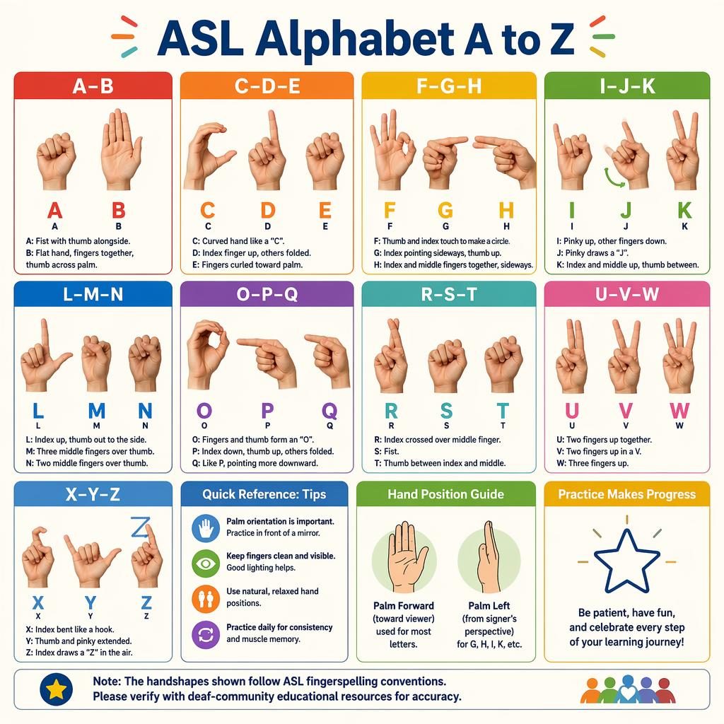Saubere Raster-Infografik mit 12 Karten zum ASL-Alphabet A bis Z, mit Handdiagrammen, englischen Buchstabenlabels und Kurzinfos.