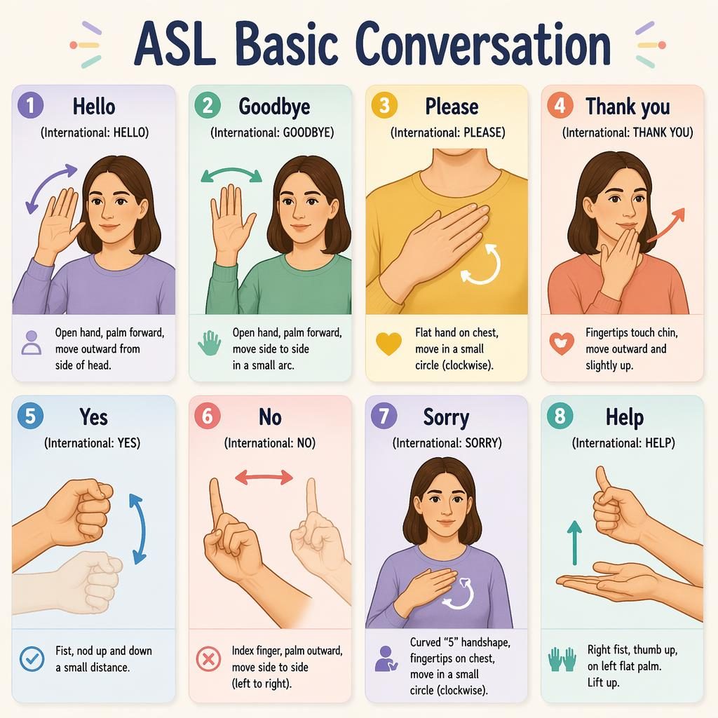 Infografik mit 8 Karten im Raster zu ASL Basic Conversation, mit Handzeichen für Hello, Goodbye, Please, Thank you, Yes, No, Sorry und Help.