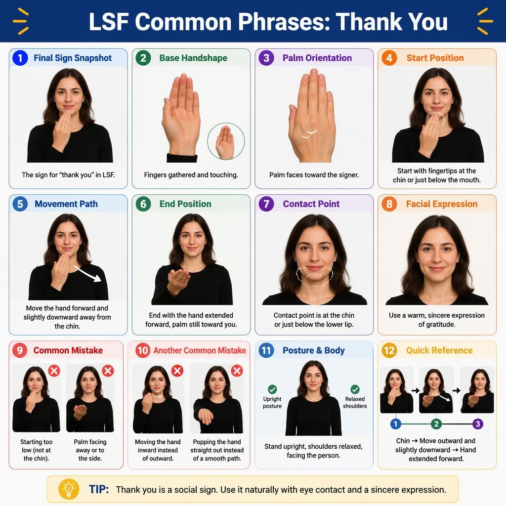 Educational card grid infographic showing LSF Thank You with handshape, chin contact, outward motion arrows, posture, errors, and final pose.